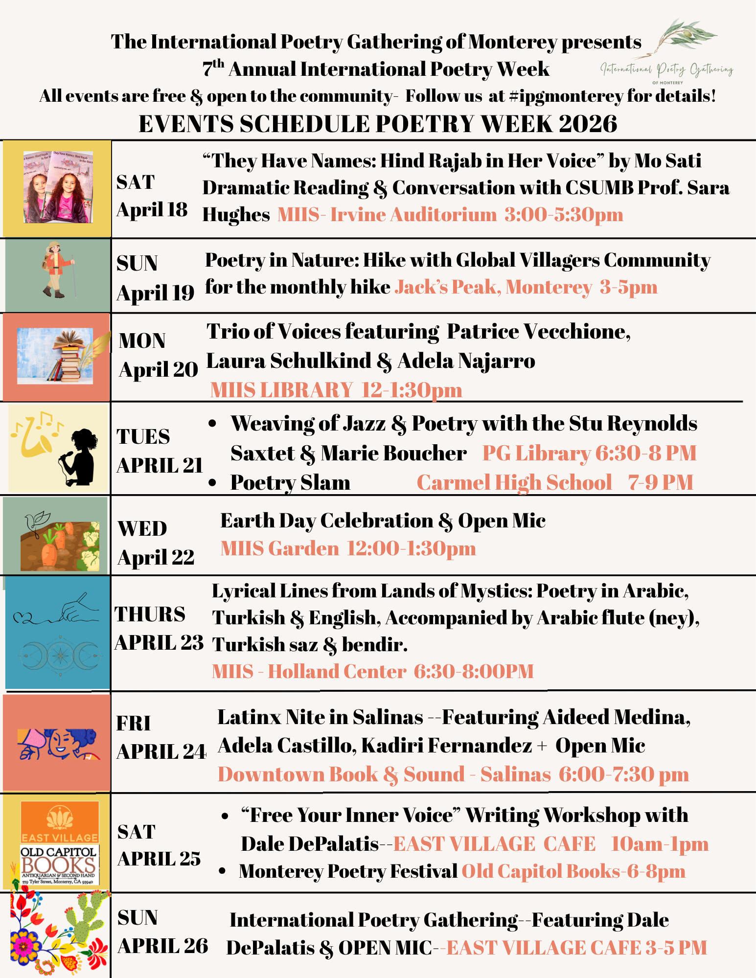 Calendar of Events - International Poetry Week 2026 Monterey Bay